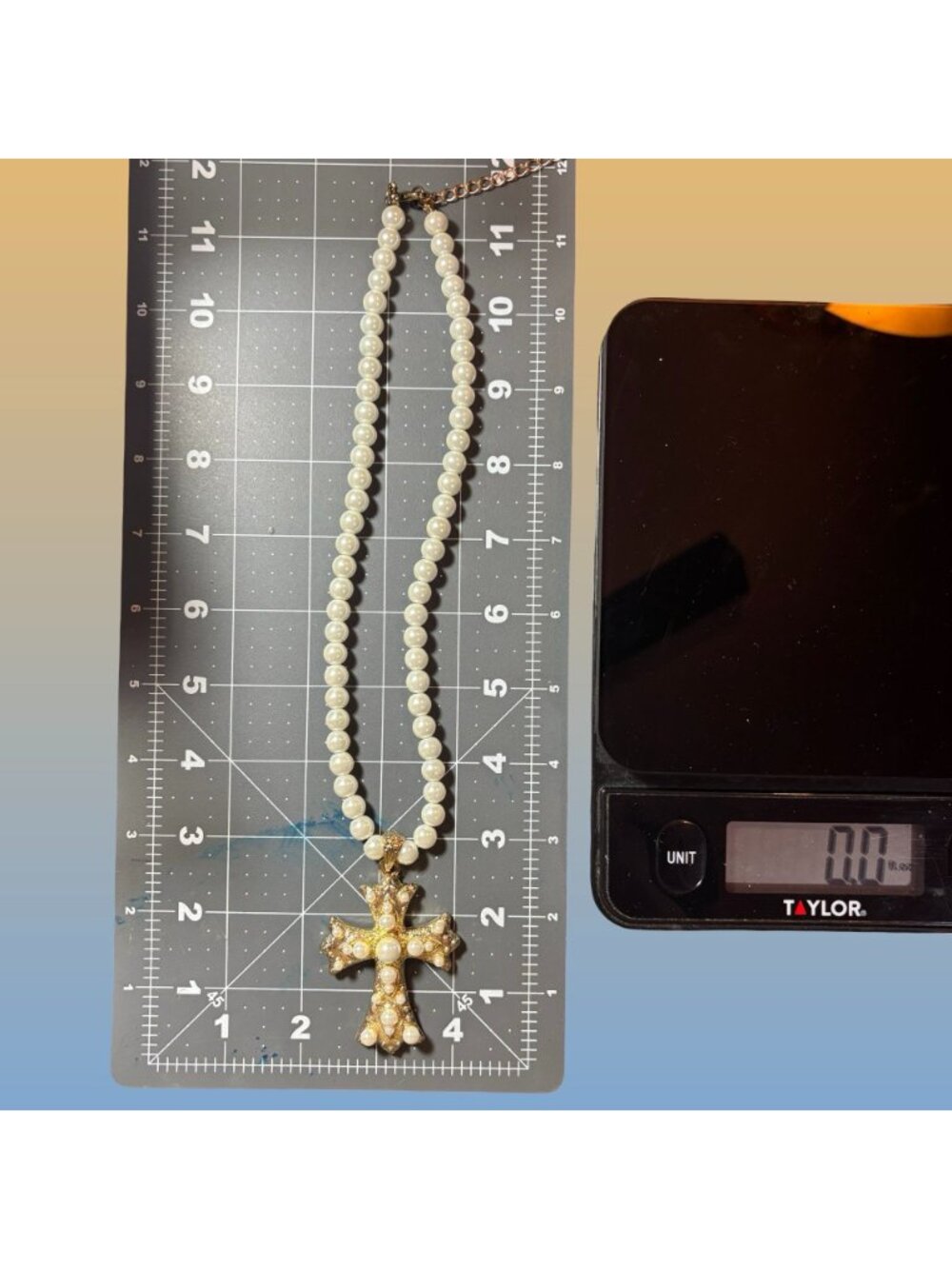 Faux Pearl Gold Tone Rhinestone Cross Necklace Gothic Statement Vintage Style - Picture 8 of 8